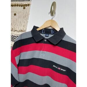 Vintage Red Grey & Black Stripped Mens Polo Short XL